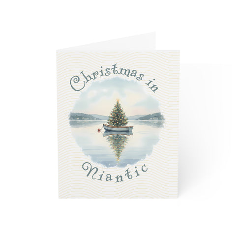 Christmas in Niantic Greeting Card – Dingy Boat with Xmas Tree Holiday Card (1/10/30/50 pcs) 4.25" x 5.5"