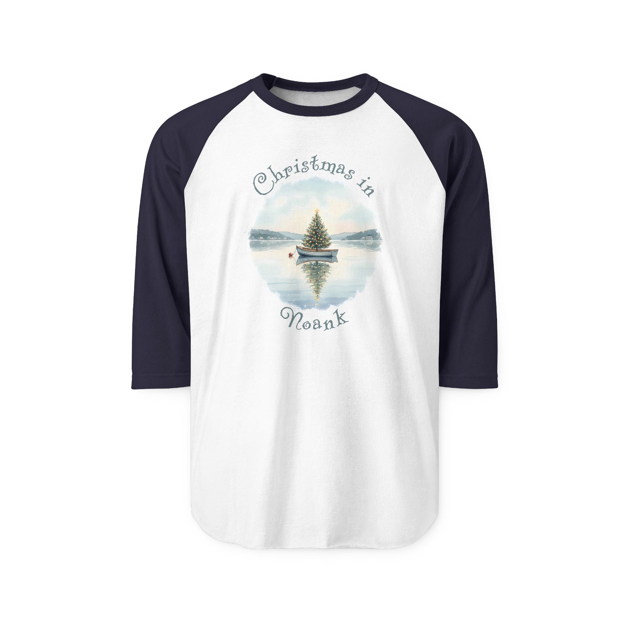 Christmas in Noank, Dinghy Boat with Xmas Tree,  Unisex Raglan Shirt
