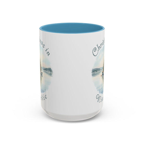 Christmas in Niantic, CT Accent Coffee Mug  - Dinghy Boat with Xmas Tree in Harbor, Local's Gift