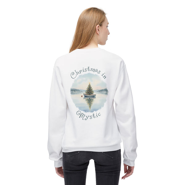 Christmas in Mystic, Fleece Crewneck Sweatshirt  - Dinghy Boat with Xmas Tree in Harbor, Local's Gift