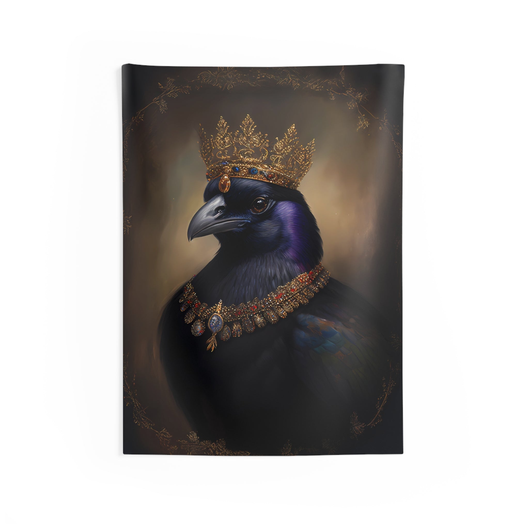 Regal Crow Indoor Wall Tapestry, Gothic Bird Art Decor, Raven King Portrait Hanging, Crown Jewel Tapestry, Home Wall Hanging