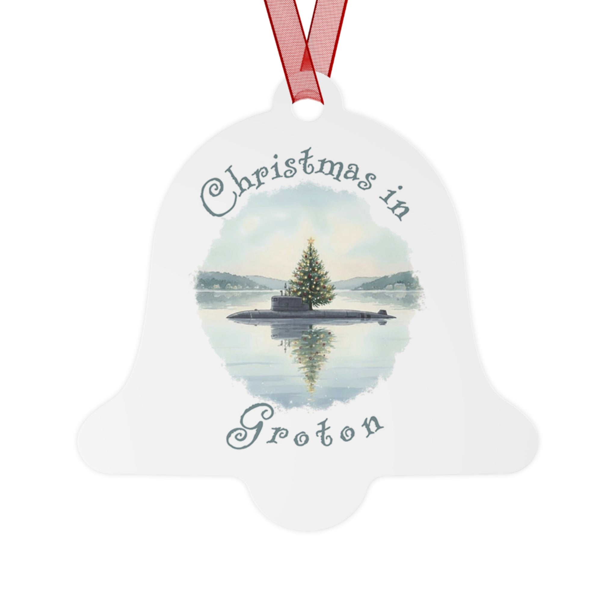 Christmas in Groton, CT Metal Ornament  - Submarine with Xmas Tree in Harbor, Local's Gift