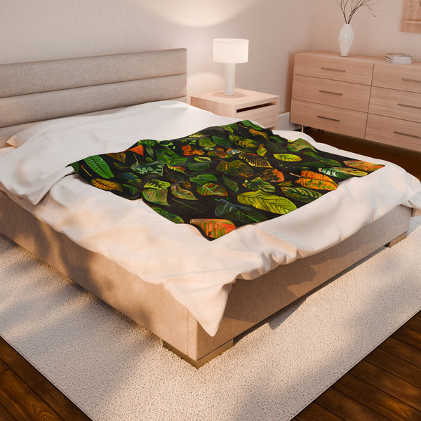 Botanical Velveteen Plush Blanket - Soft and Lightweight Leaf Collage Throw Blanket