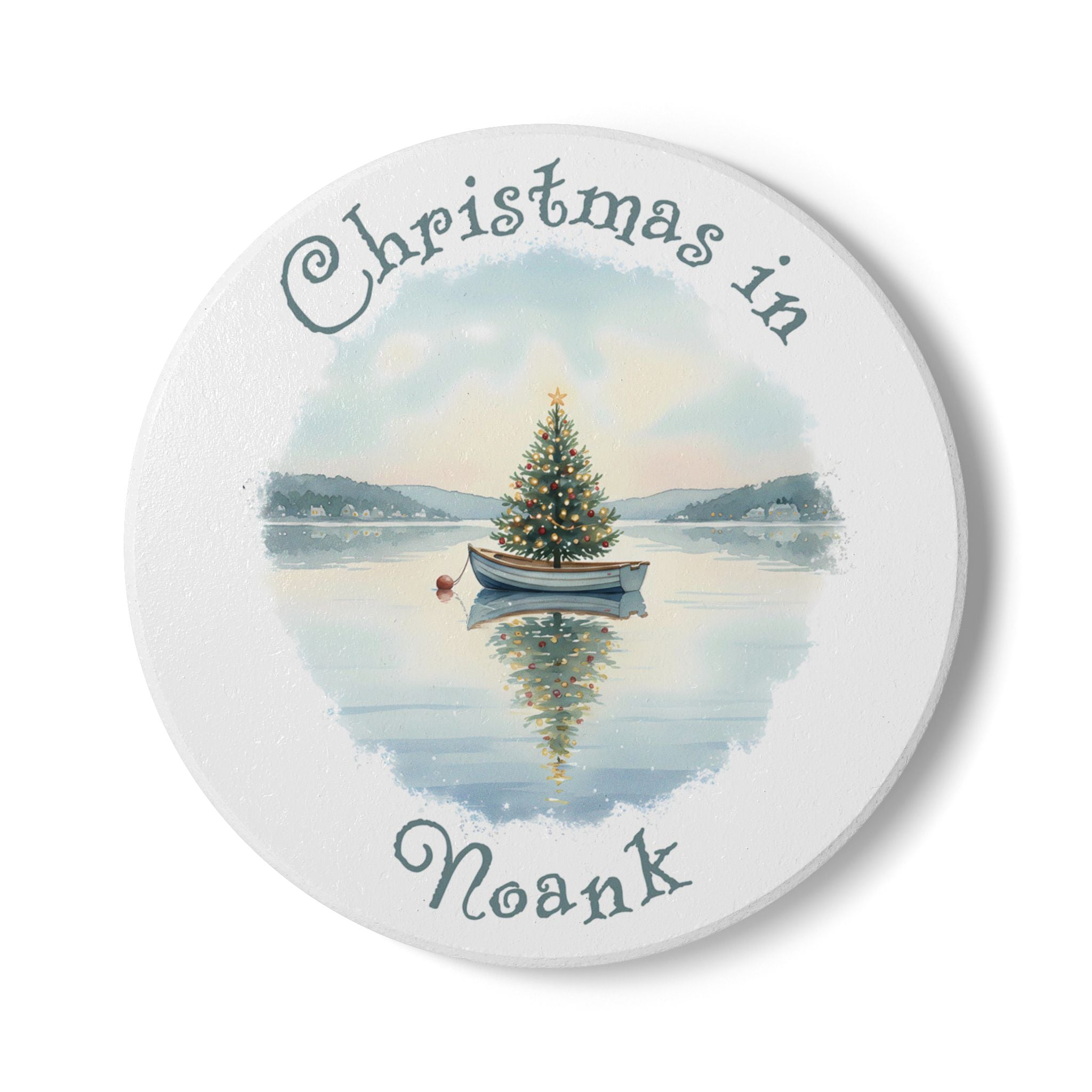 Christmas in Noank, CT Ceramic Coaster - Dinghy Boat with Xmas Tree in Harbor, Local's Gift