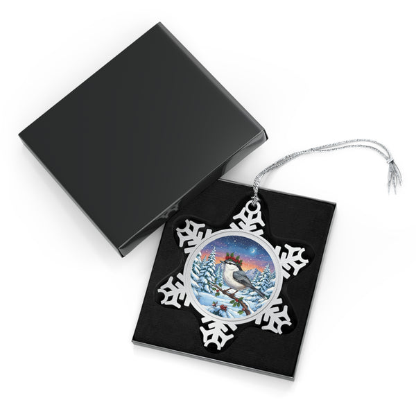 Nuthatch in Winter, Pewter Snowflake Ornament, Christmas Tree or Window Decoration, Winter Wonderland Keepsake