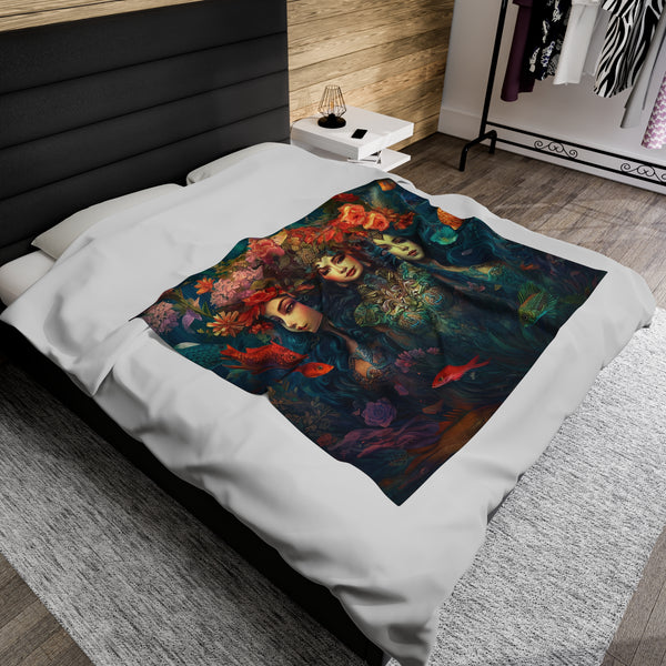 Trio of Water Goddesses, Mermaid, Sea Witch Design on Velveteen Plush Blanket 50x60"