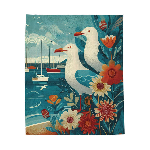 Plush Throw Blanket - Seagull Vintage Folk Art Illustration, Coastal Living Decor, Soft, Lightweight
