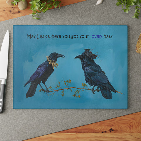 Crow and Raven Peanut Necklace and Blackberry Hat, Funny Bird Glass Cutting Board - 2 Sizes