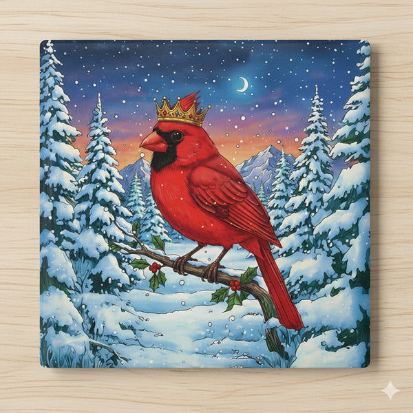 Cardinal with Crown Ceramic Coaster, Holiday Home Decor, Farmhouse Kitchen, Birds With Hats Lover Christmas Gift