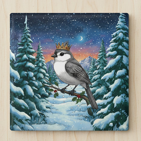 Titmouse with Crown Ceramic Coaster, Holiday Home Decor, Birds with Hats, Farmhouse Kitchen Christmas Gift