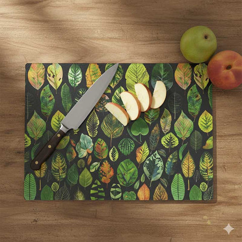 Glass Cutting Board With Collage of Plant Leaves - 2 Sizes