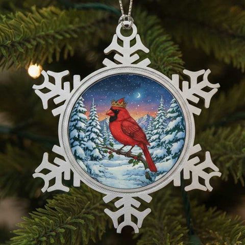 Cardinal in Winter, Pewter Snowflake Ornament, Christmas Tree or Window Decoration, Winter Wonderland Keepsake