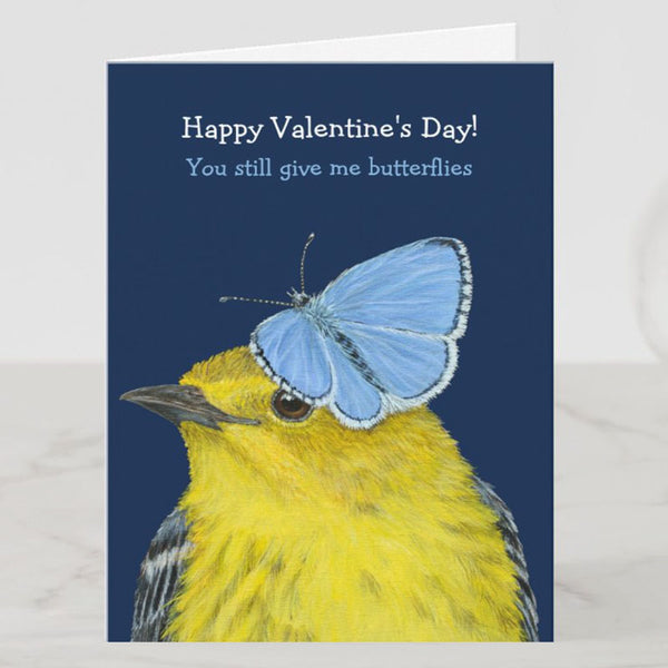Happy Valentines - You Still Give Me Butterflies Greeting Card, Birds with Hats, Blank, by Vicki Sawyer