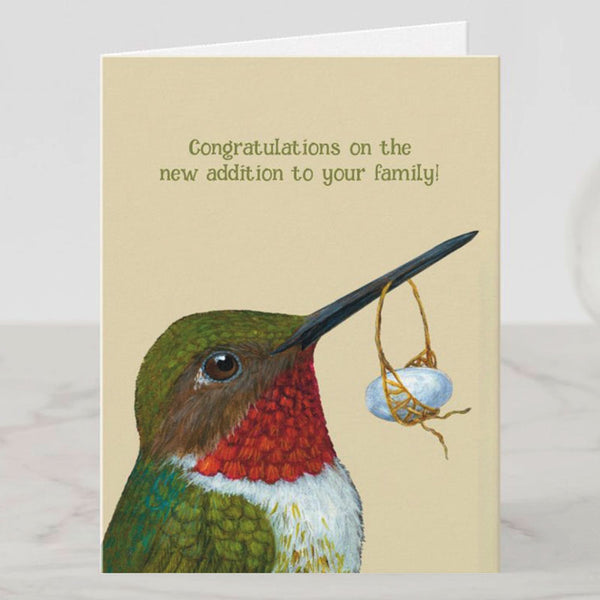 New Addition - Hummingbird with Baby Egg Greeting Card, Birds with Hats, Blank, by Vicki Sawyer