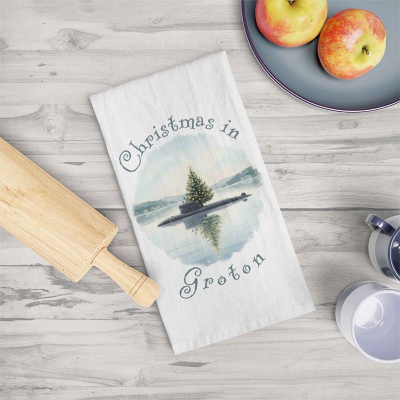 Christmas in Groton Flour Sack Kitchen Towel, Floating Xmas Tree on Submarine