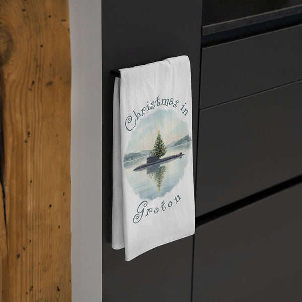 Christmas in Groton Flour Sack Kitchen Towel, Floating Xmas Tree on Submarine