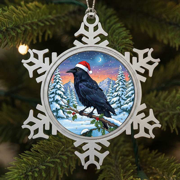 Raven Crow Christmas Ornament, Pewter Snowflake, Christmas Tree or Window Decoration, Bird Hanging Ornament