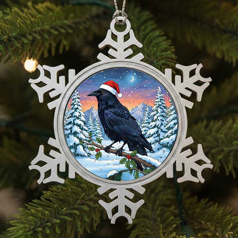 Raven Crow Christmas Ornament, Pewter Snowflake, Christmas Tree or Window Decoration, Bird Hanging Ornament