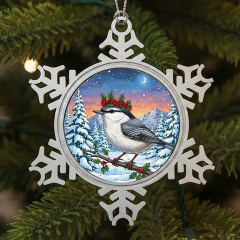 Nuthatch in Winter, Pewter Snowflake Ornament, Christmas Tree or Window Decoration, Winter Wonderland Keepsake