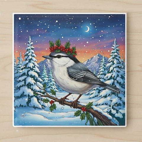 Nuthatch with Holly Berry with Crown Ceramic Coaster, Holiday Home Decor, Farmhouse Kitchen, Birds With Hats Lover Christmas Gift