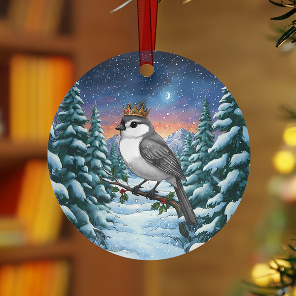 Titmouse with Jeweled Gold Crown in a Winter Wonderland Scene Hanging Metal Christmas Tree Ornament