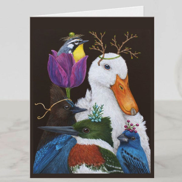 At the Gala - Greeting Card, Birds with Hats, Blank, by Vicki Sawyer