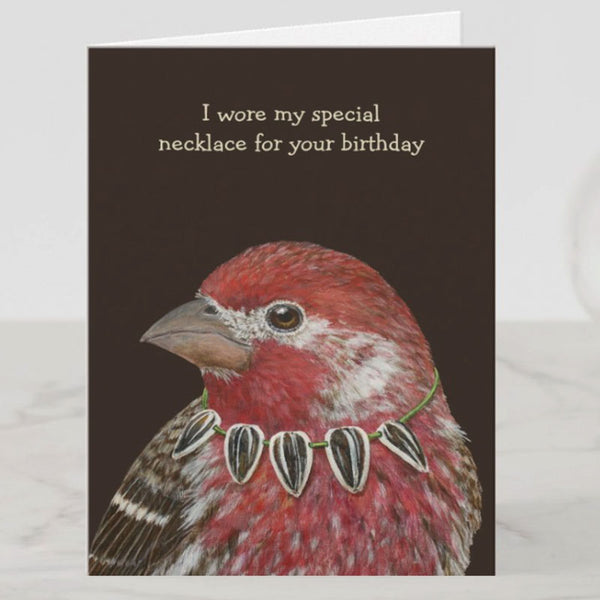 I Wore My Special Necklace for Your Birthday Greeting Card, Birds with Hats, Blank, by Vicki Sawyer