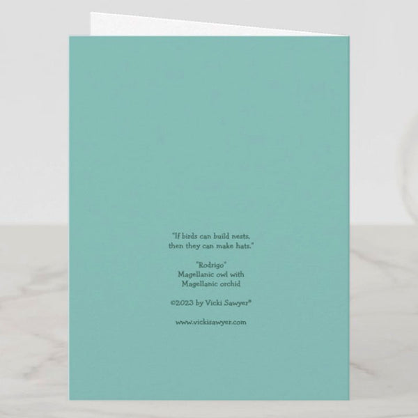 Rodrigo the Magellanic Horned Owl Birthday Card, Birds with Hats, Blank, by Vicki Sawyer