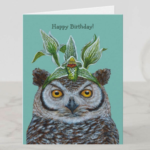 Rodrigo the Magellanic Horned Owl Birthday Card, Birds with Hats, Blank, by Vicki Sawyer