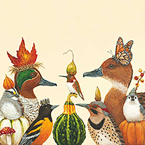 We Gather Together - Autumn Birds with Hats Thanksgiving Beverage Napkins
