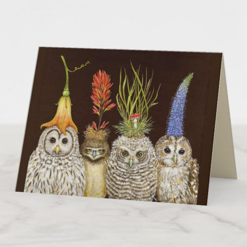 Little Owls on Big Hat Night, Blank Greeting Card, Birds with Hats, by Vicki Sawyer