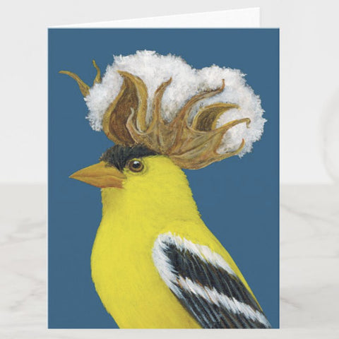 Clem the Goldfinch Wearing a Cotton Headpiece Greeting Card, Birds with Hats, Blank, by Vicki Sawyer
