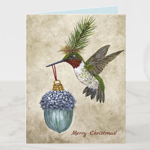 Festive Ben Christmas Greeting Card, Hummingbird with Ornament, Birds with Hats, Blank, by Vicki Sawyer