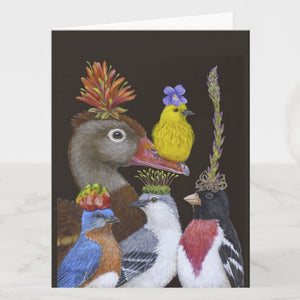 Walt the Warbler and Friends Greeting Card, Birds with Hats, Blank, by Vicki Sawyer