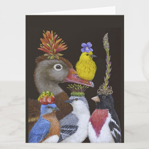 Walt the Warbler and Friends Greeting Card, Birds with Hats, Blank, by Vicki Sawyer