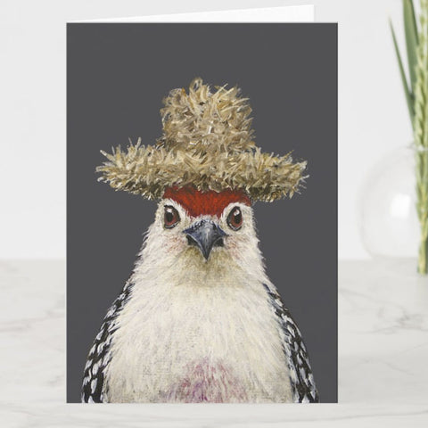Timothy the Red-Bellied Woodpecker with Dried Grasses Hat Greeting Card, Birds with Hats, Blank, by Vicki Sawyer