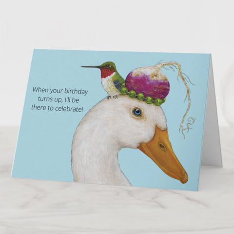 Duck with Veggie Hat and Ruby-throated Hummingbird Birthday Card, Blank Inside, Birds with Hats, by Vicki Sawyer