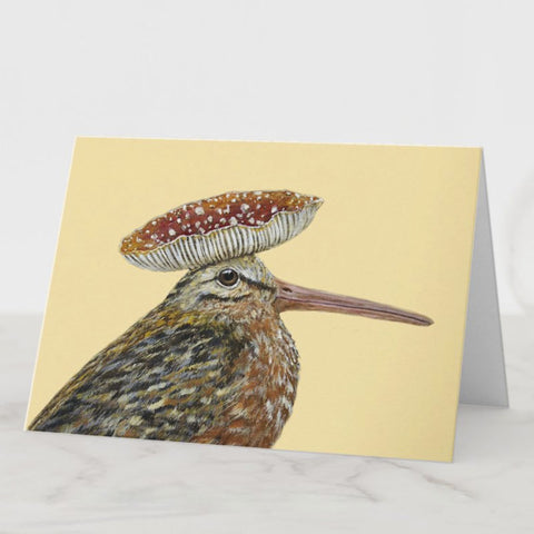 Helga the Woodcock with Fly Agaric Toadstool Mushroom Hat Greeting Card, Blank Inside, Birds with Hats, by Vicki Sawyer