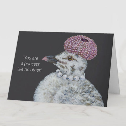 A Princess Seagull Chick with a Sea Urchin Hat and Pearl Necklace, Blank Greeting Card, Birds with Hats, by Vicki Sawyer
