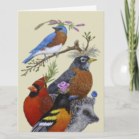 Robbie's Party Greeting Card, Birds with Hats, Blank, by Vicki Sawyer