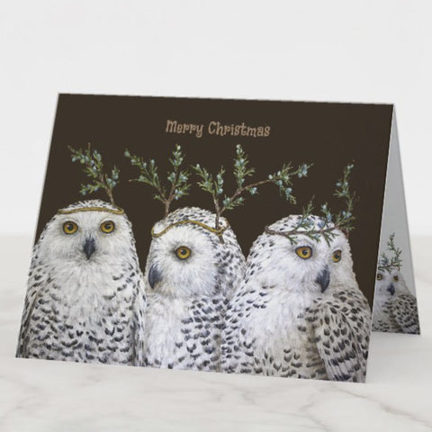 Festive Owls - Snowy Owls with Cedar Headpieces, Christmas, Blank Greeting Card, Birds with Hats, by Vicki Sawyer
