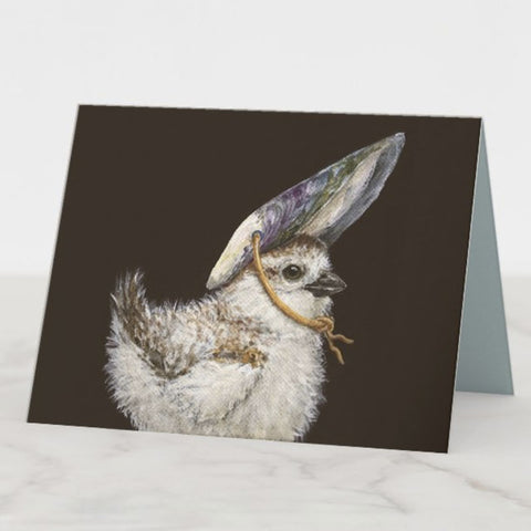 Lila - Baby Piping Plover with Mussel Shell Headpiece, Blank Greeting Card, Birds with Hats, by Vicki Sawyer
