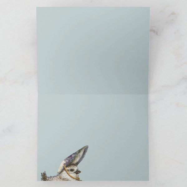 Lila - Baby Piping Plover with Mussel Shell Headpiece, Blank Greeting Card, Birds with Hats, by Vicki Sawyer