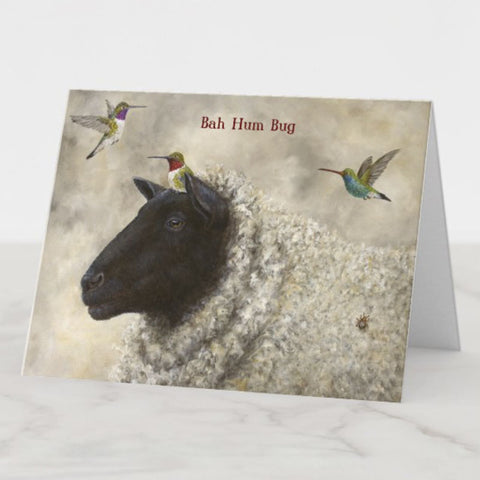 Baa Hum Bug Sheep and Hummingbird, Blank Christmas Card, Birds with Hats, by Vicki Sawyer
