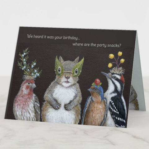Where are the Party Snacks, Squirrel and Birds Blank Birthday Card, Birds with Hats, by Vicki Sawyer
