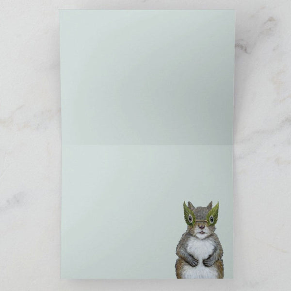Where are the Party Snacks, Squirrel and Birds Blank Birthday Card, Birds with Hats, by Vicki Sawyer
