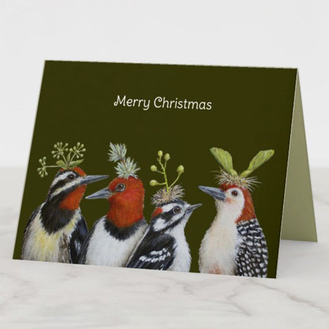 Woodpeckers on Green Hat Night, Christmas, Blank Christmas Card, Birds with Hats, by Vicki Sawyer