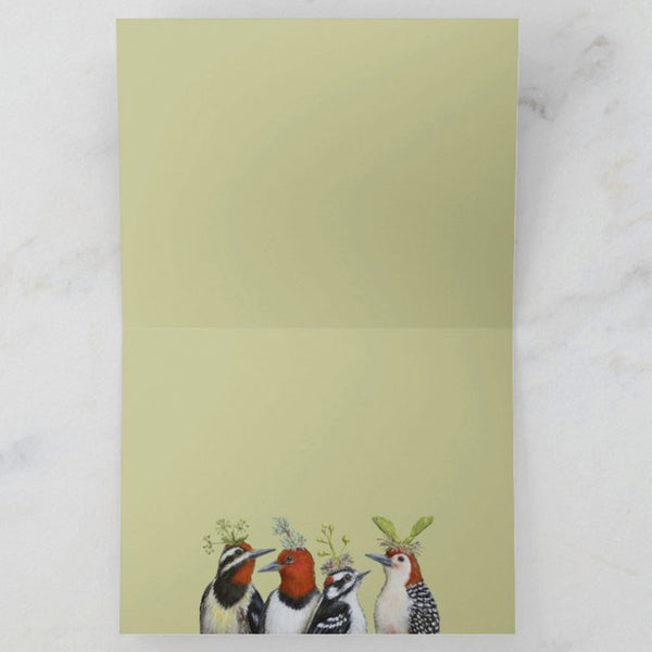 Woodpeckers on Green Hat Night, Christmas, Blank Christmas Card, Birds with Hats, by Vicki Sawyer