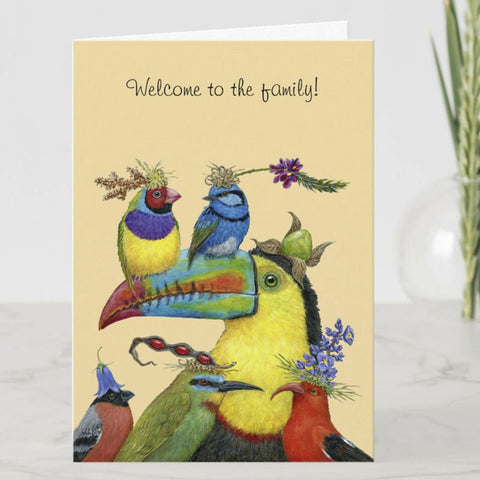 Welcome to the Family, Blank Greeting Card, New Baby, Husband, Wife, Birds with Hats, by Vicki Sawyer