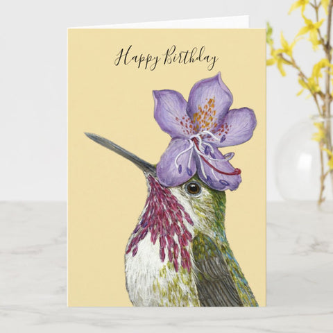 Rex the Calliope Hummingbird, Happy Birthday Greeting Card, Birds with Hats, Blank, by Vicki Sawyer